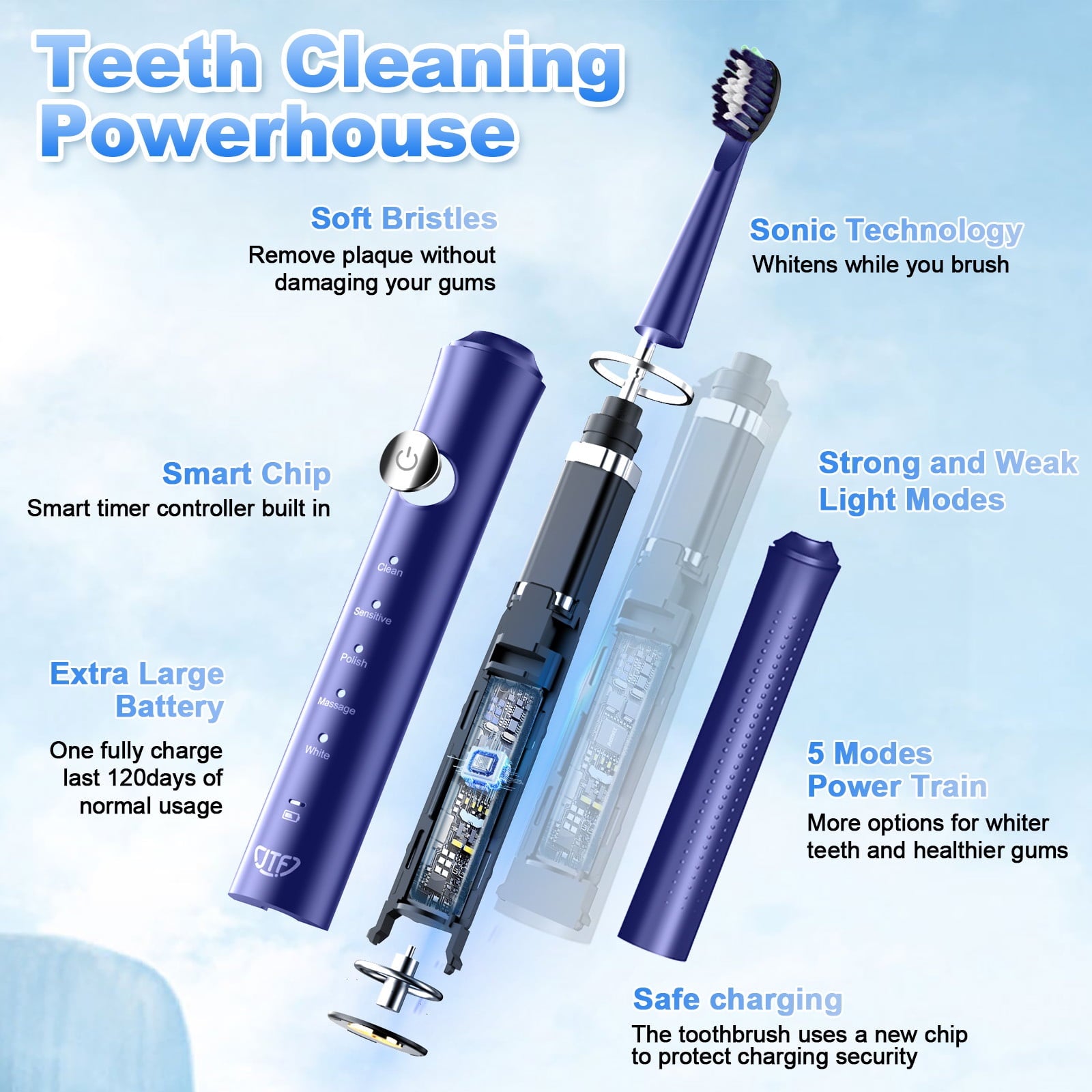 JTF Sonic Electric Toothbrush for Adults and Kids with 8 Brush Heads, Tongue Scraper and Travel Bag, Blue