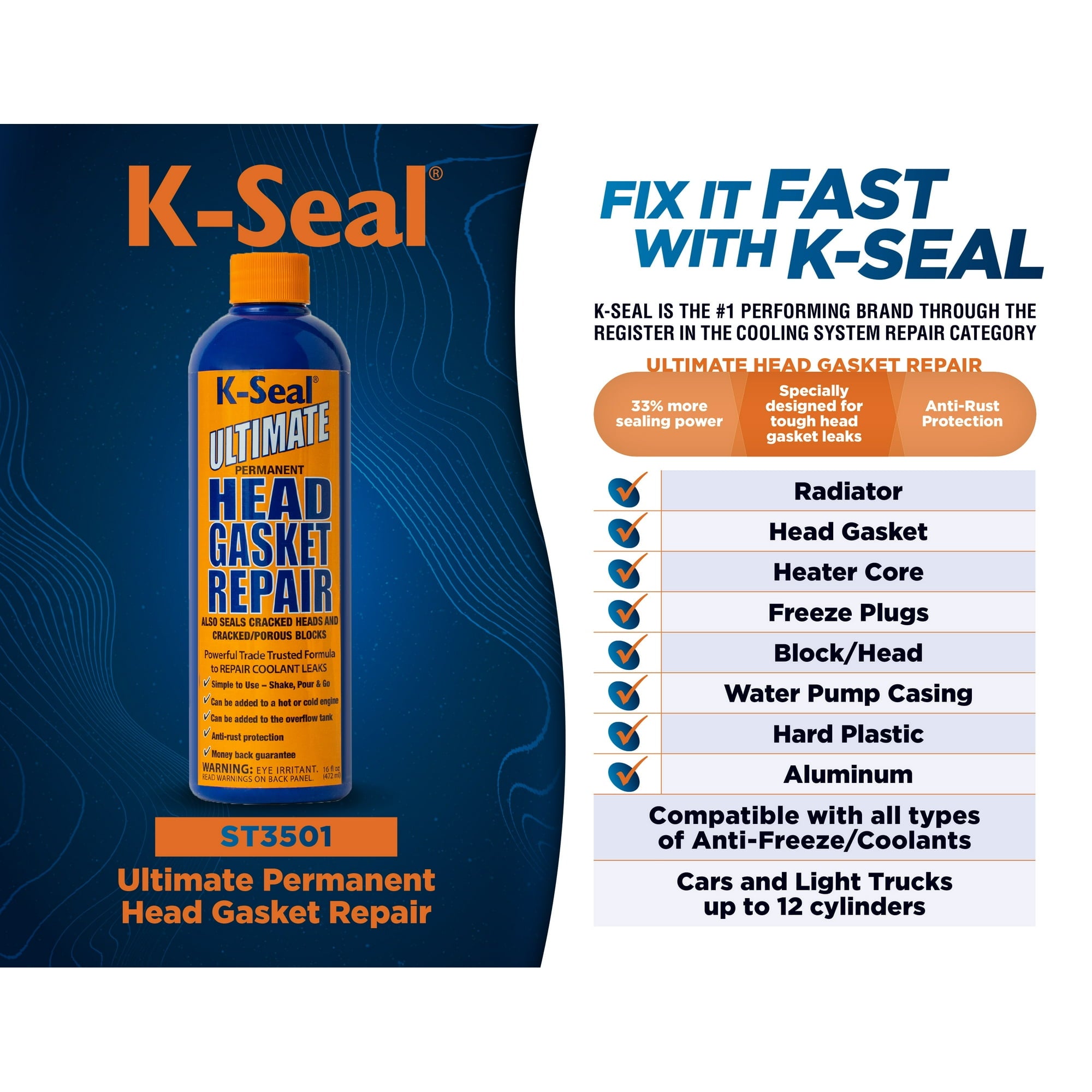 K-Seal Permanent Ultimate Head Gasket Repair, Coolant Leak Repair 16oz Bottle