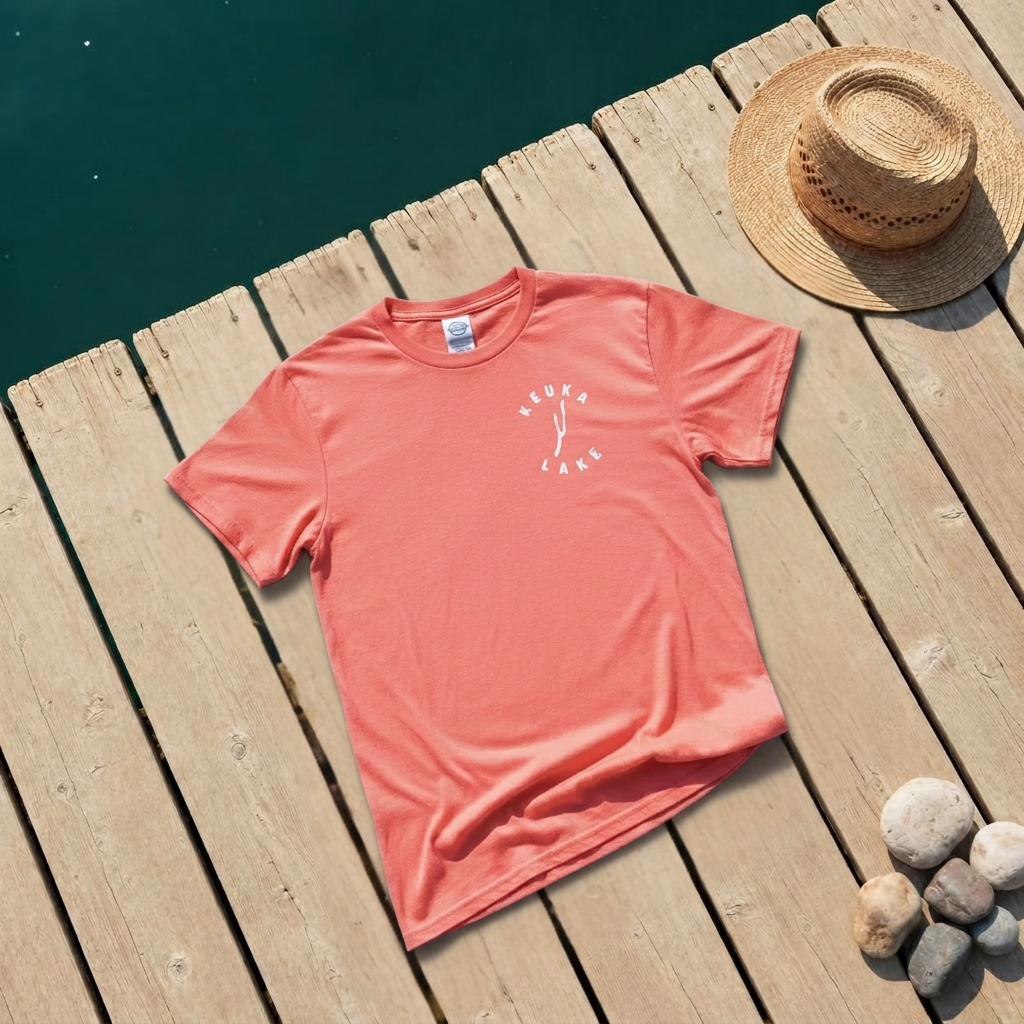 Coral Keuka Lake shirt on the tan dock with hat and stones