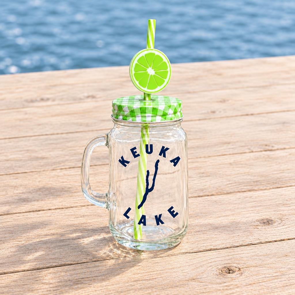 Keuka Lake mason jar mug, Green Lime with lime straw topper