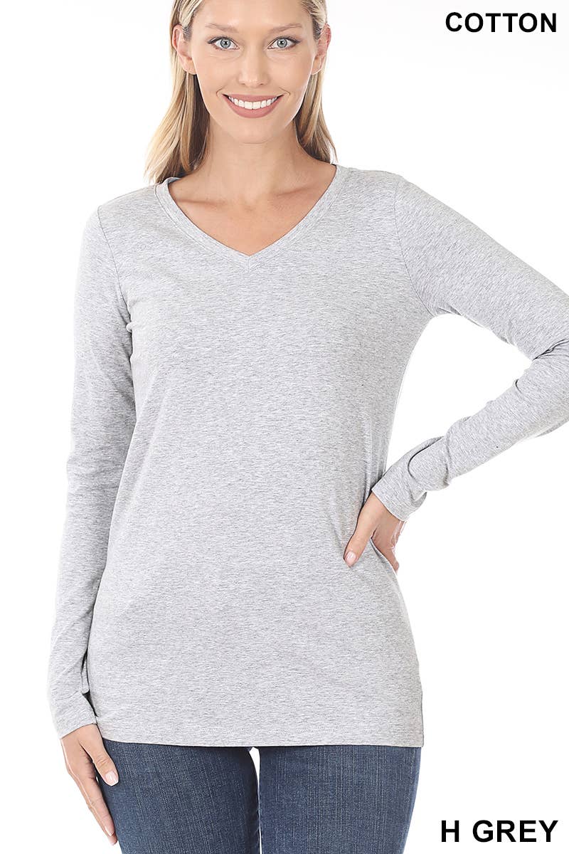 Cotton V Neck Long Sleeve T Shirt, Heather Grey