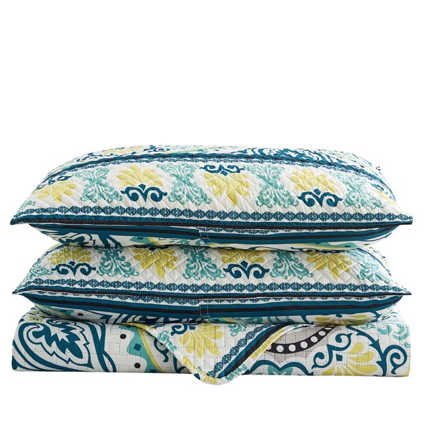 JML 3 Piece Quilt Set King Size,Lightweight Microfiber Bedspread Coverlet,Green Yellow Floral