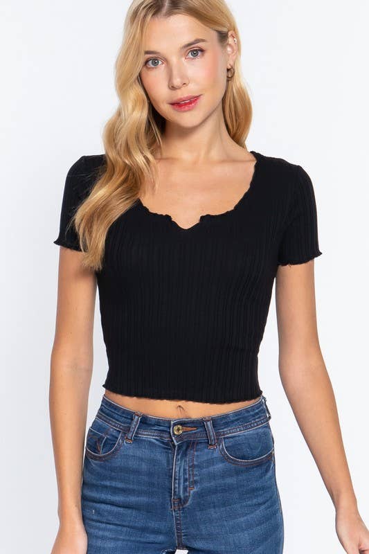 Short Sleeve Notched Neck With Lettuce Hem Variegated Rib Knit Top