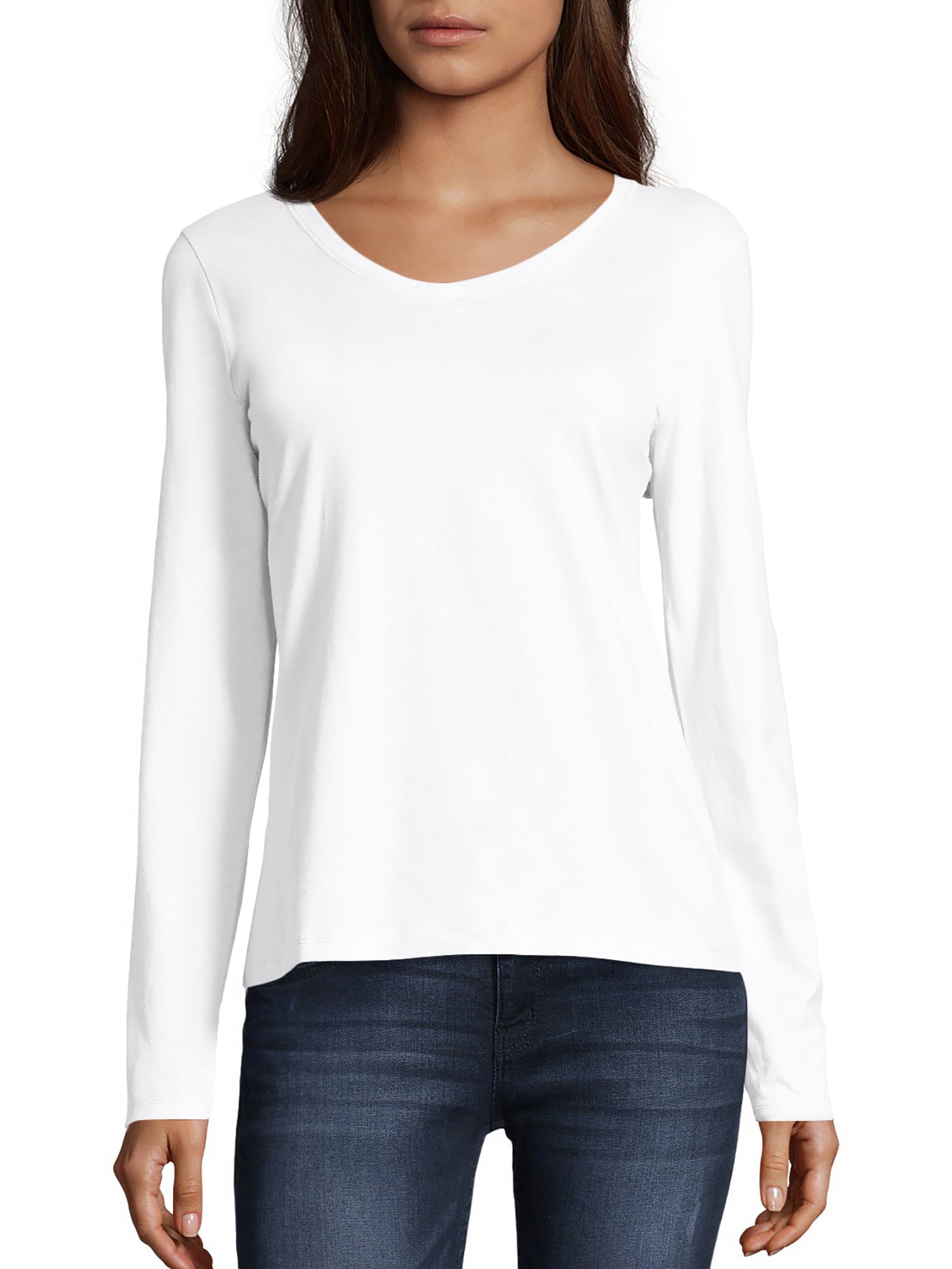 Hanes Womens Long Sleeve V-Neck Tee, White, Medium