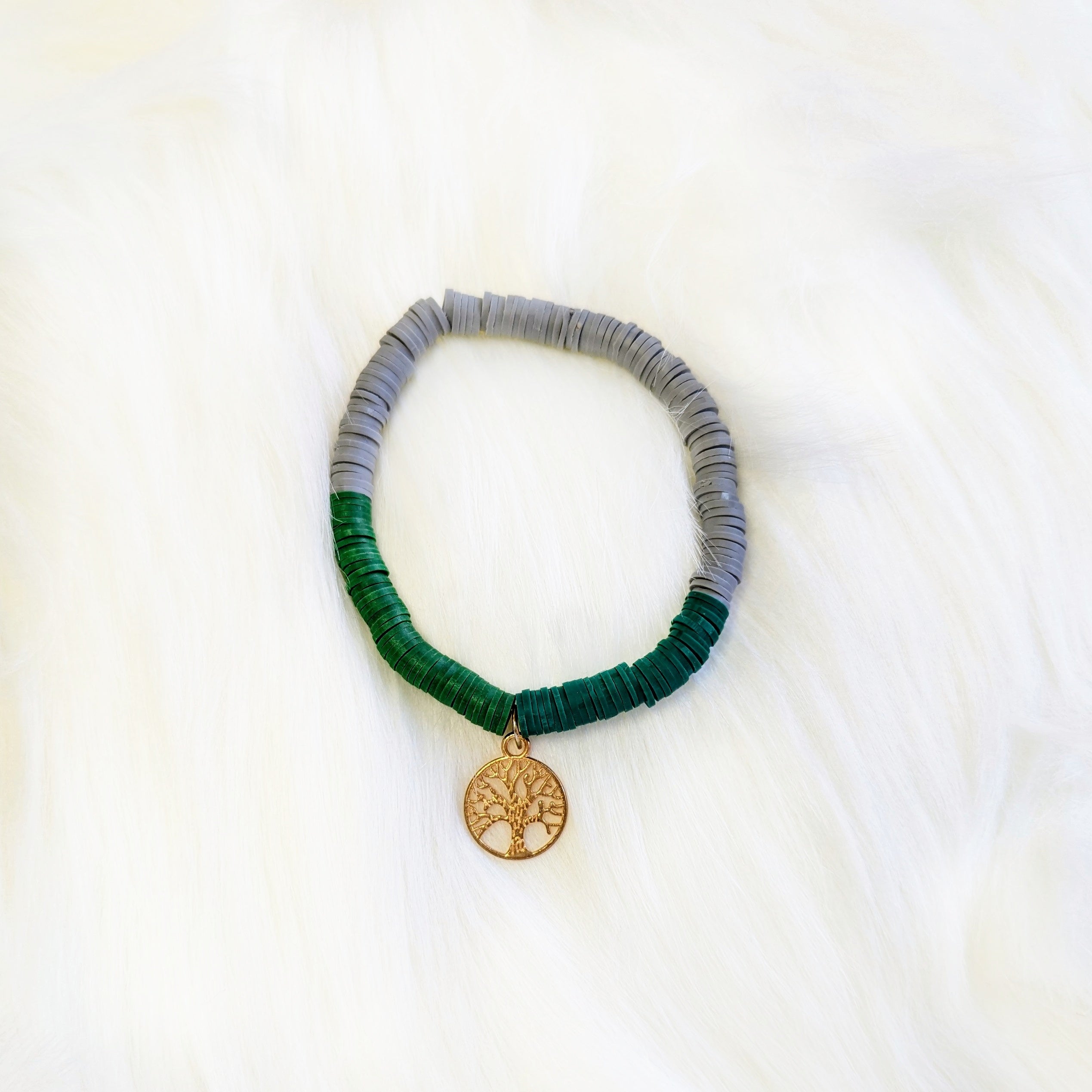 Green & Grey Bracelet w/ Tree Charm