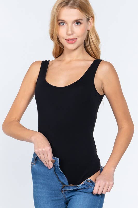 Sleeveless Double Scoop Neck Bodysuit, Black