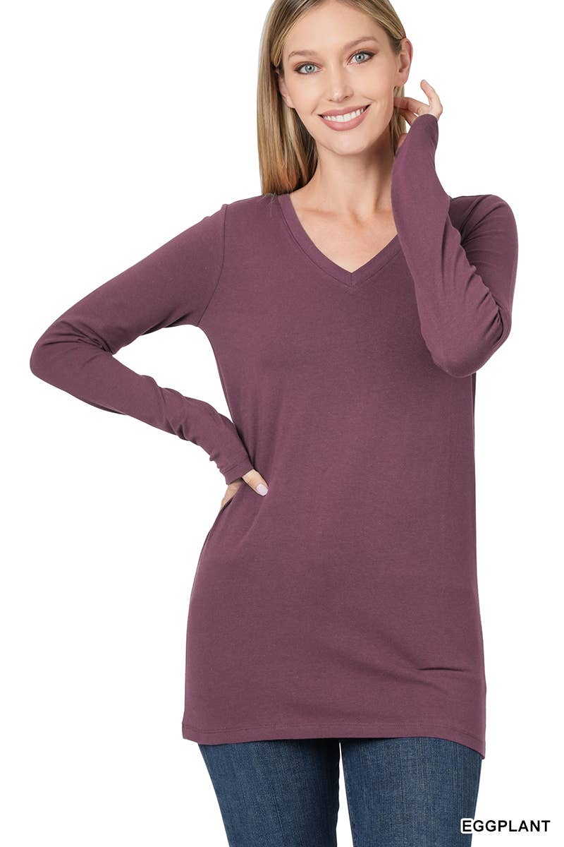 Cotton V Neck Long Sleeve T Shirt, Eggplant