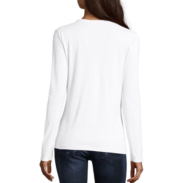 Hanes Womens Long Sleeve V-Neck Tee, White, Medium