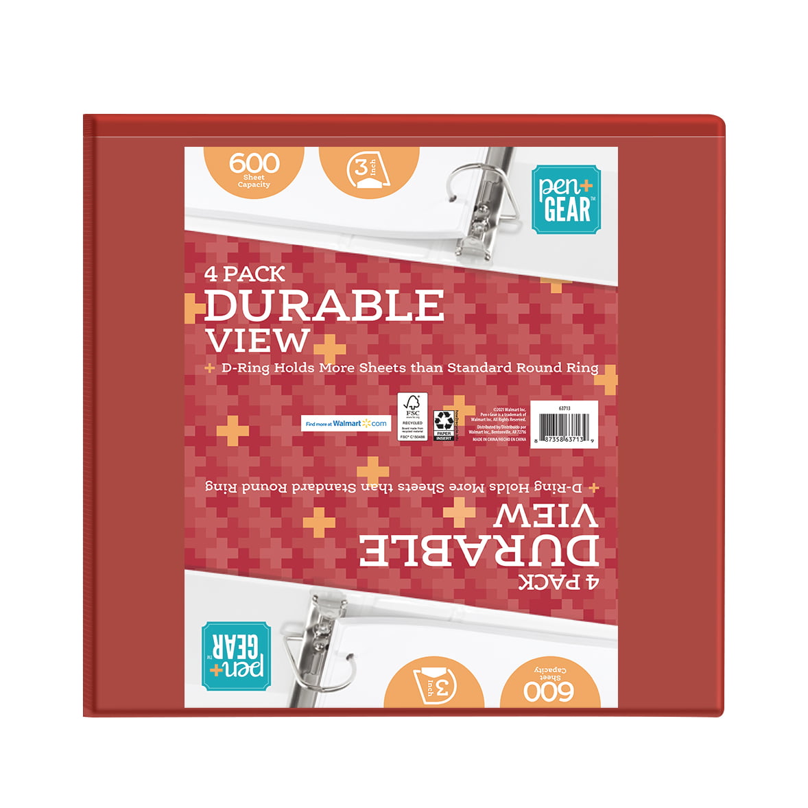 Pen + Gear Durable View 3-Ring Binder, 3" D Rings, Red, 4 Pack