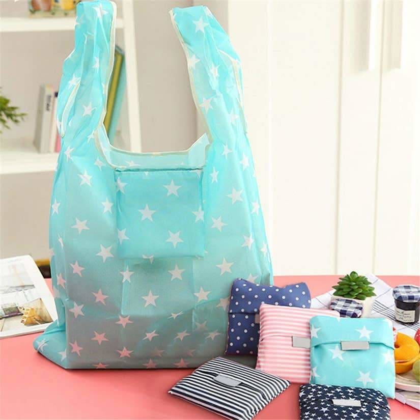 Eco-Friendly Reusable Shopping Bag - Aqua/Stars