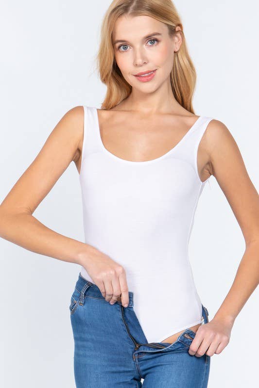 Sleeveless Double Scoop Neck Bodysuit, White