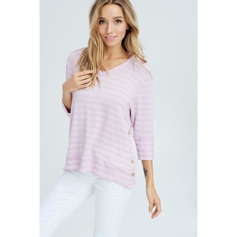 Women's 3/4 Sleeve V-Neck Button Detail Top - Keuka Outlet