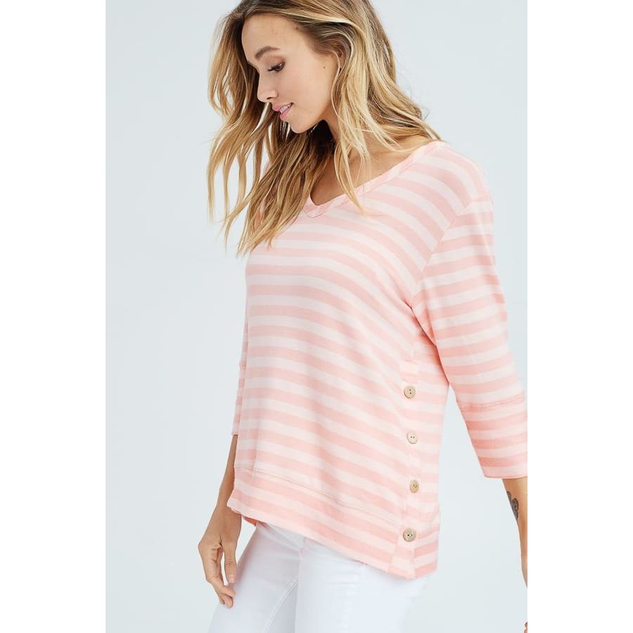 Women's 3/4 Sleeve V-Neck Button Detail Top - Keuka Outlet