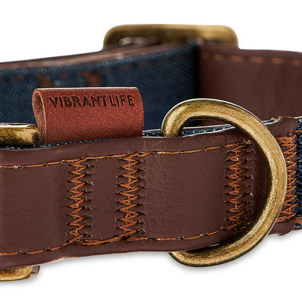 Vibrant Life Denim Dog Collar, Brown & Blue, L