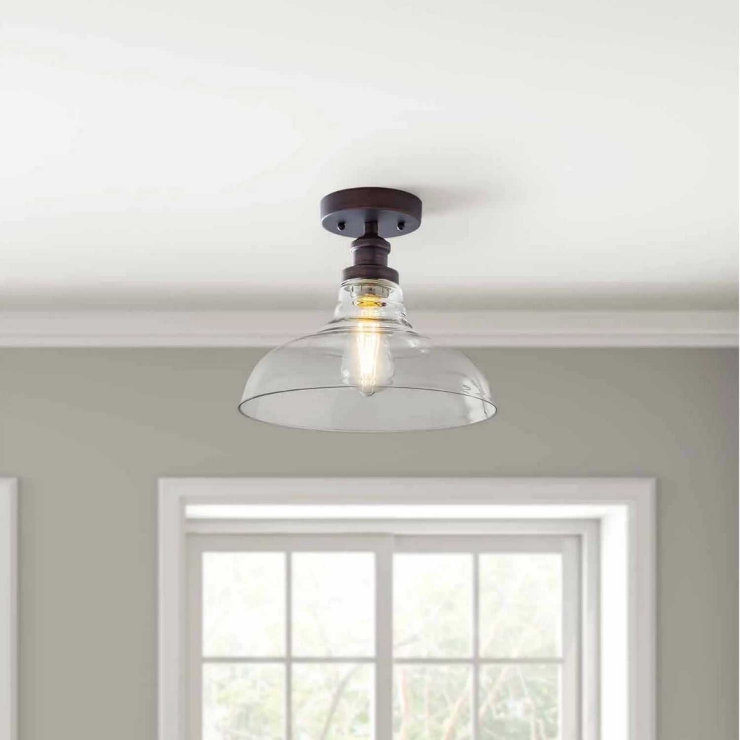 BHG 11.82in Round Modern LED Ceiling Light 7W /75w Eqv Dimmable Filament Bulb, Semi Flushed Satin