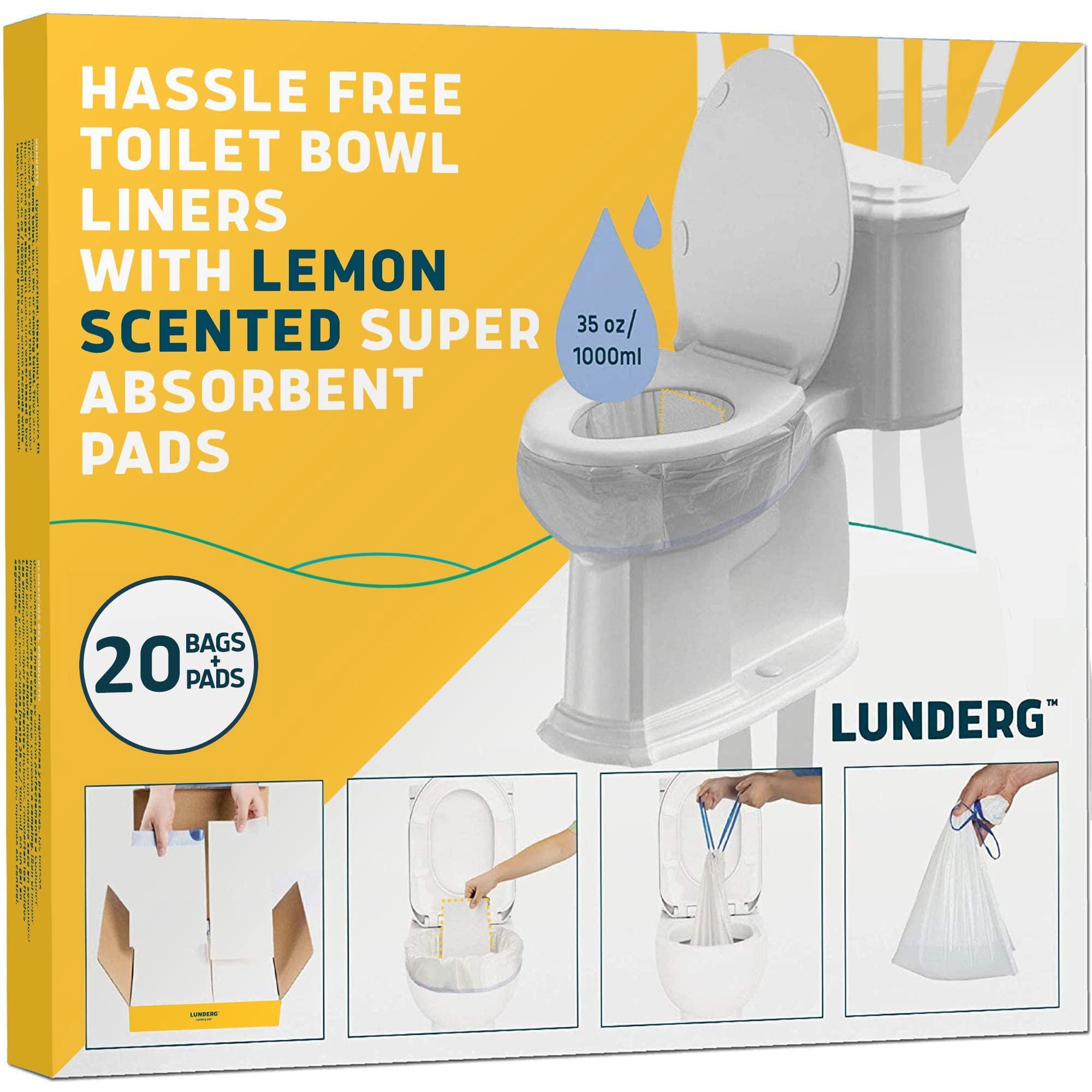 Lunderg Toilet Bowl Liners with Lemon Scented Super Absorbent Pads, 20 ct