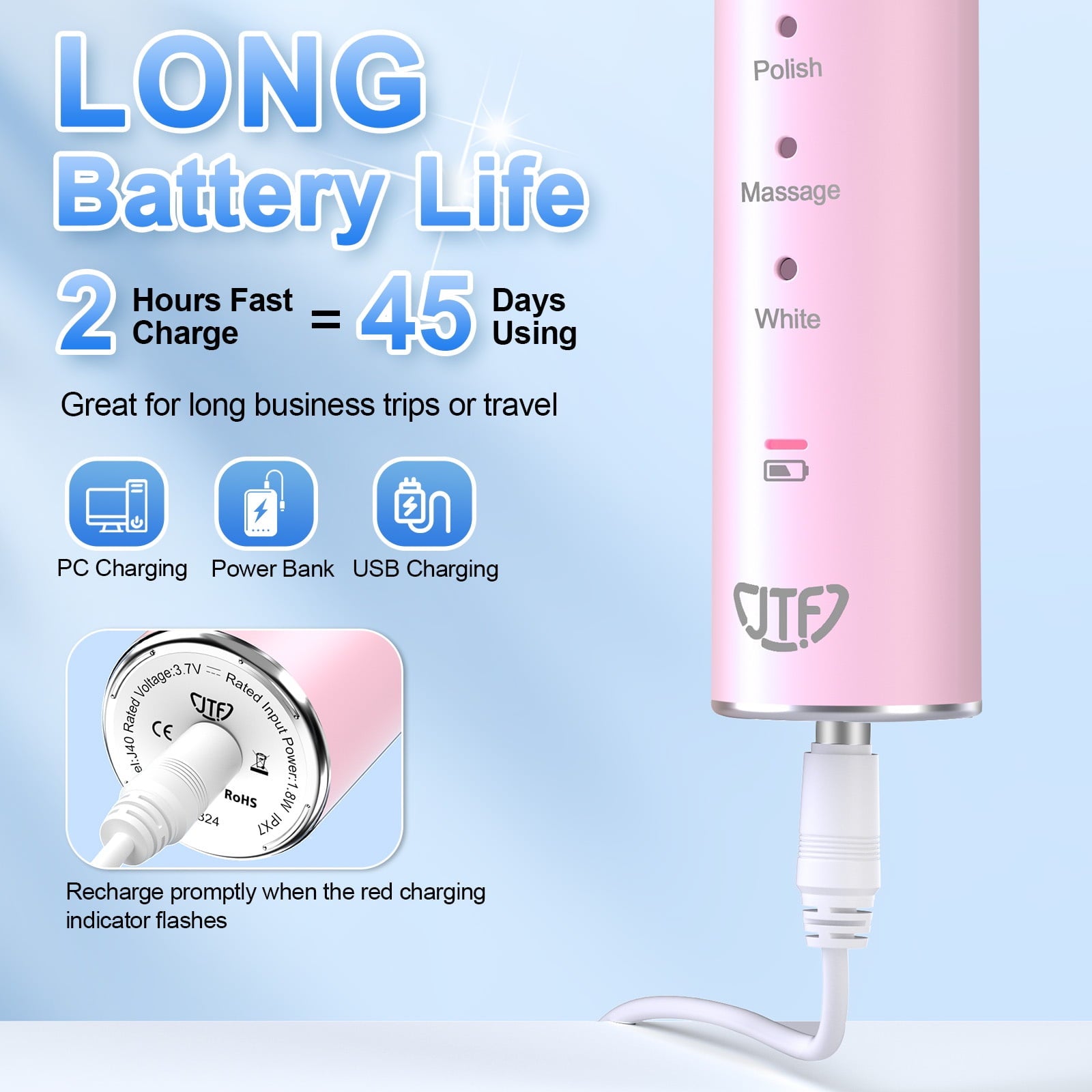 JTF Sonic Electric Toothbrush for Adults and Kids with 8 Brush Heads, Tongue Scraper and Travel Bag, Pink