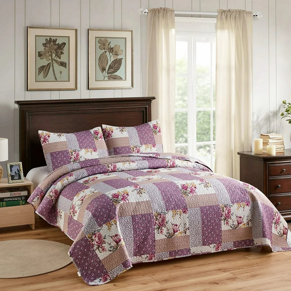 JML 3-Piece Purple Floral Quilt Set, King Size (92" x 104") - JML - Keuka Outlet