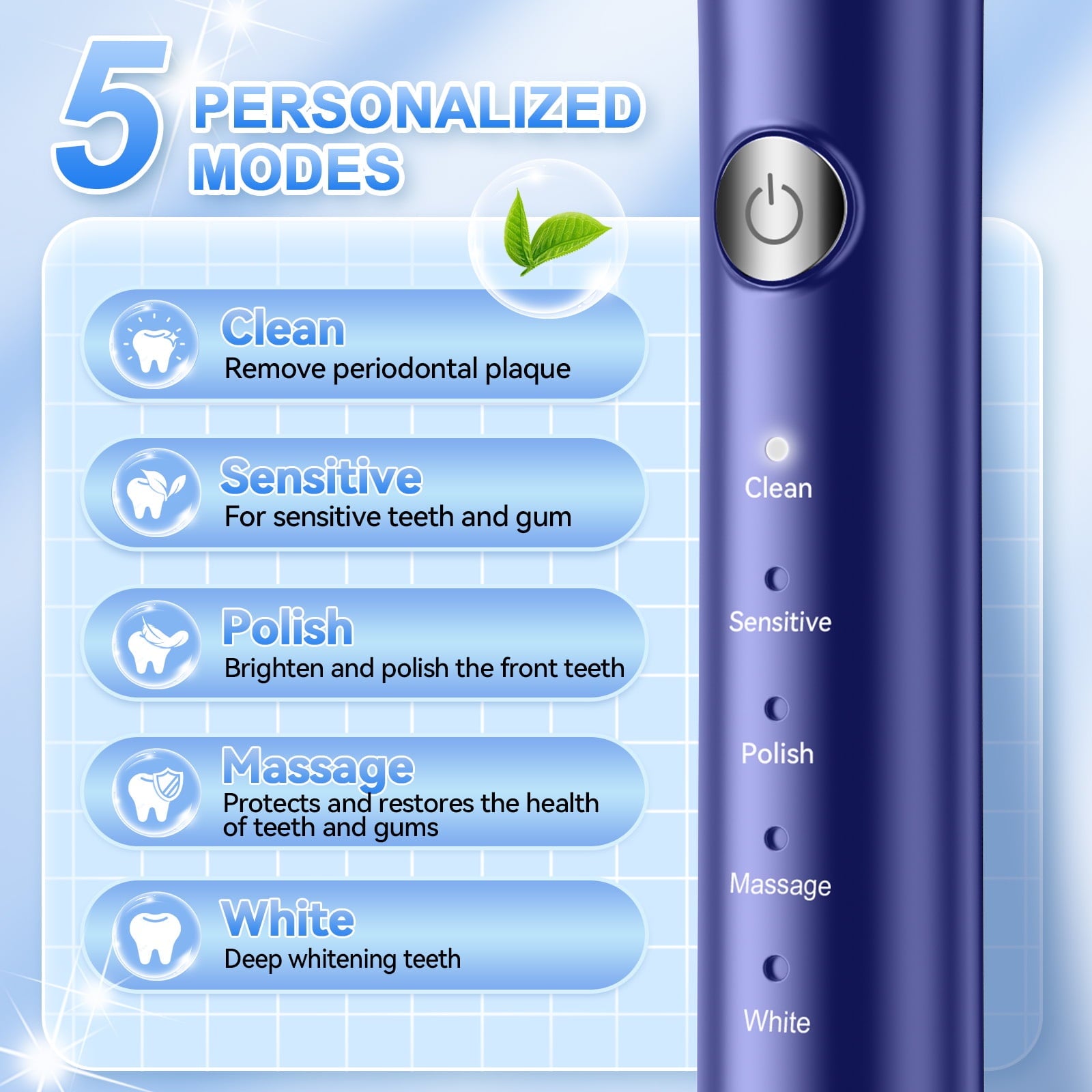 JTF Sonic Electric Toothbrush for Adults and Kids with 8 Brush Heads, Tongue Scraper and Travel Bag, Blue