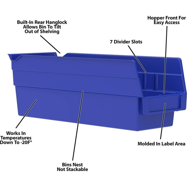 Akro-Mils Shelf Bins 30120 Plastic Organizer for Tools Craft Supplies, 12"x4"x4", Blue, 24-Pack