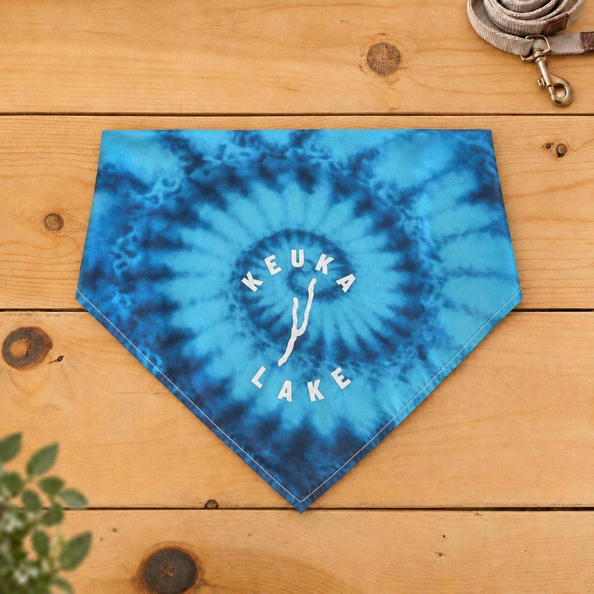 Keuka Lake dog bandana, Blue Spiral tie-dye pattern