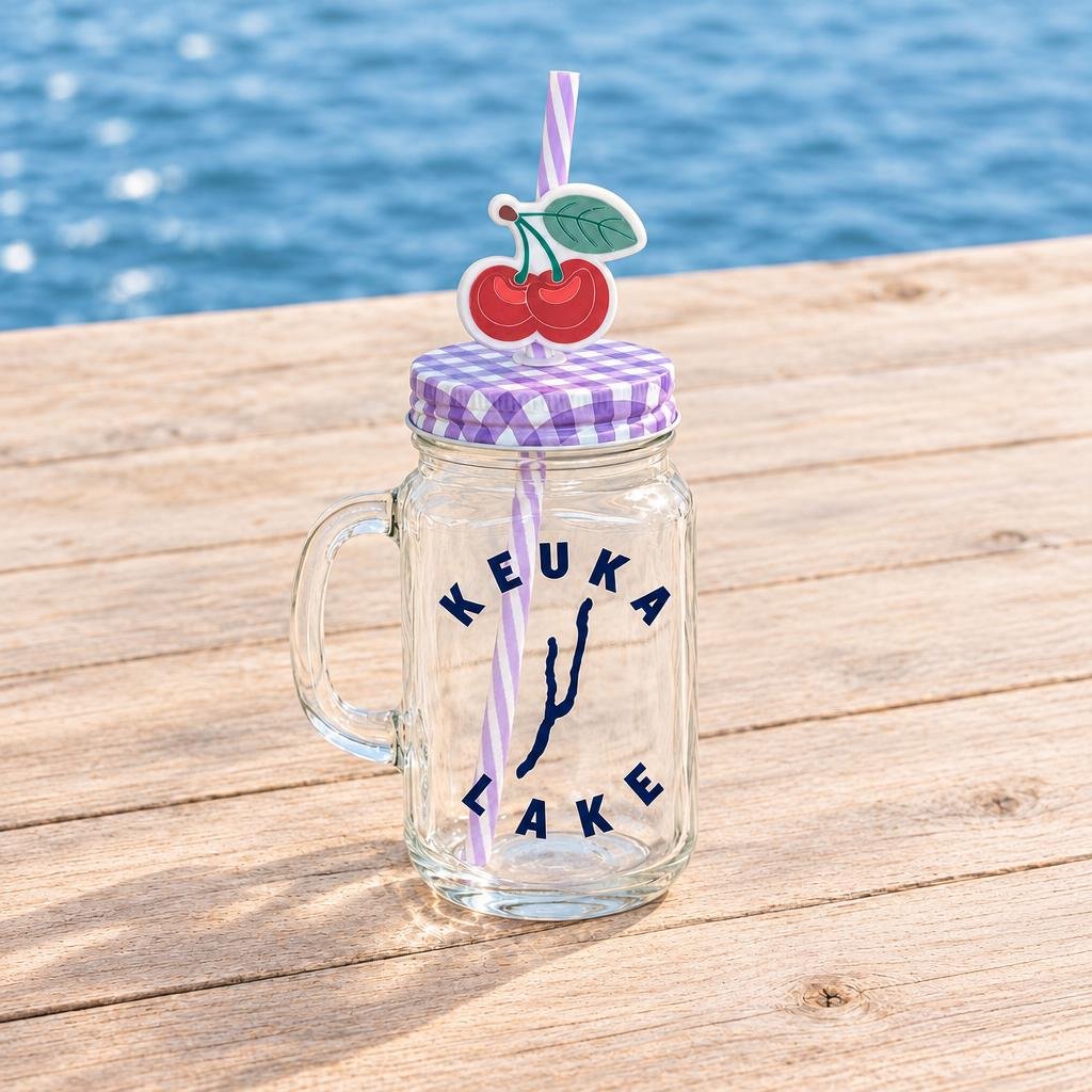 Keuka Lake mason jar mug, Purple Cherry with cherry straw topper