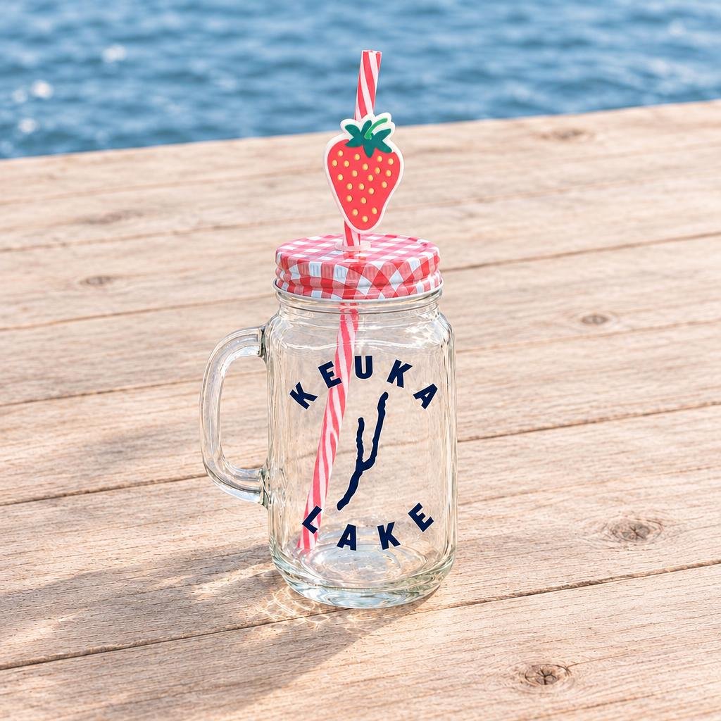 Keuka Lake mason jar mug, Red Strawberry with strawberry straw topper