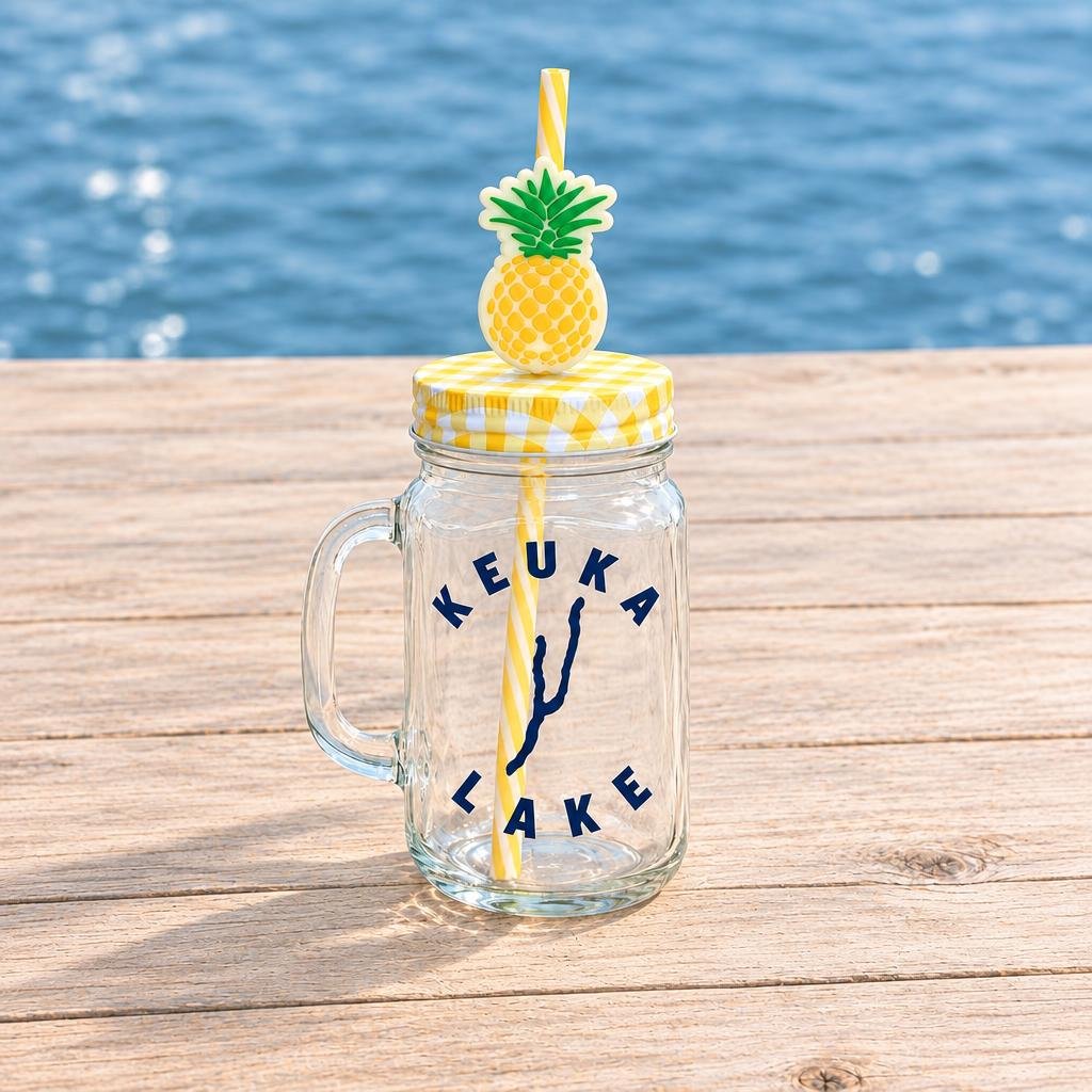 Keuka Lake mason jar mug, Yellow Pineapple with pineapple straw topper
