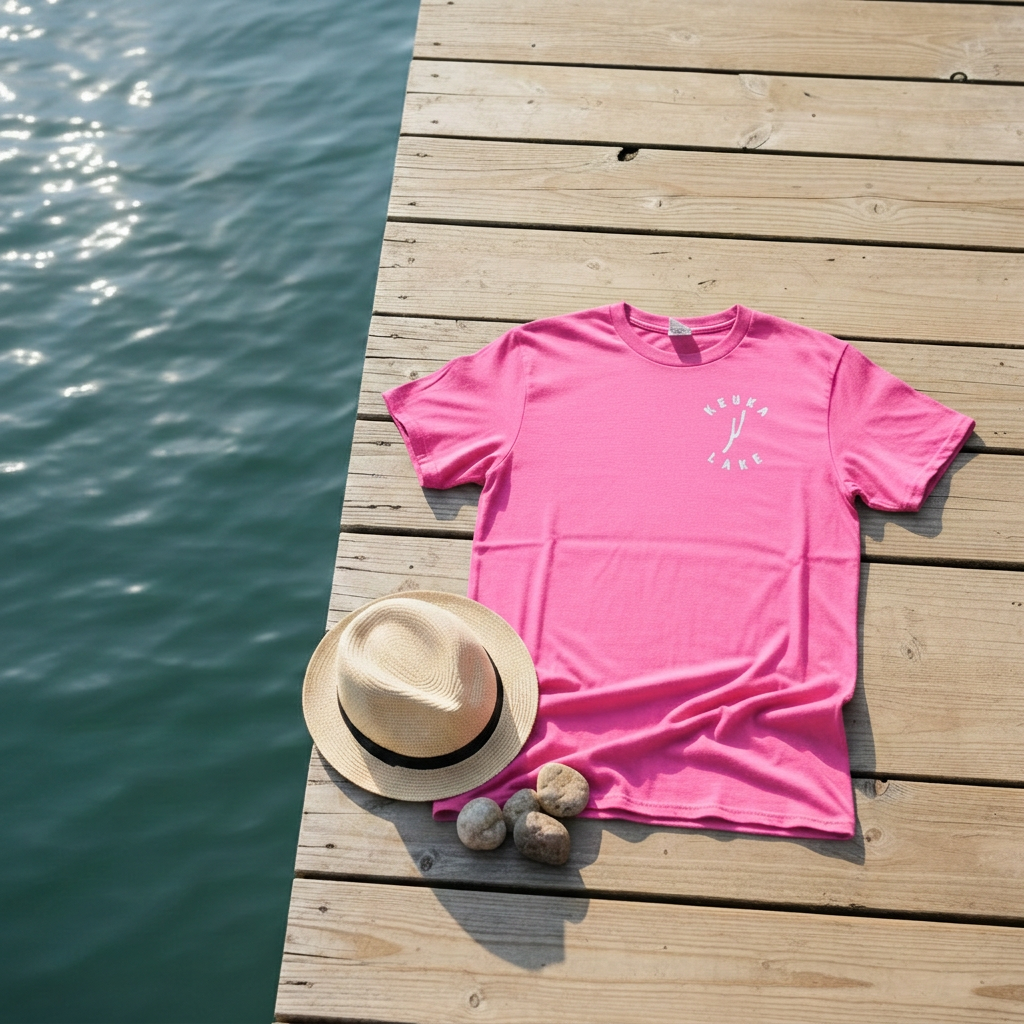 Lighter pink Keuka Lake shirt flat lay