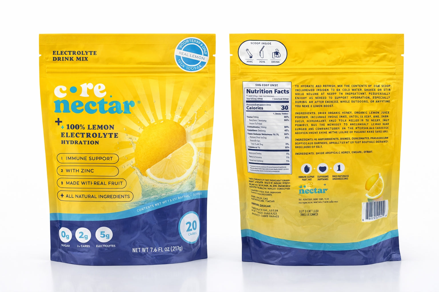 Core Nectar Electrolyte Drink Mix: 100% Lemon Sugar-Free Hydration