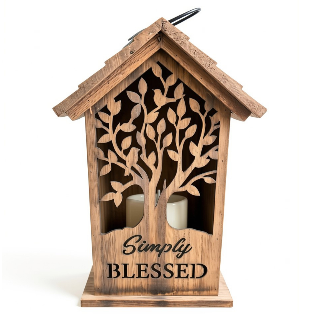 Simply Blessed Wooden House Lantern with LED Candle
