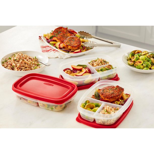 Rubbermaid Easy Find Lids 5 Pack Meal Prep Containers with 3 Compartments, Red, 5.1 Cups