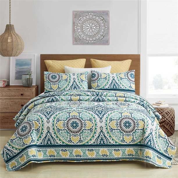 JML 3 Piece Quilt Set King Size,Lightweight Microfiber Bedspread Coverlet,Green Yellow Floral