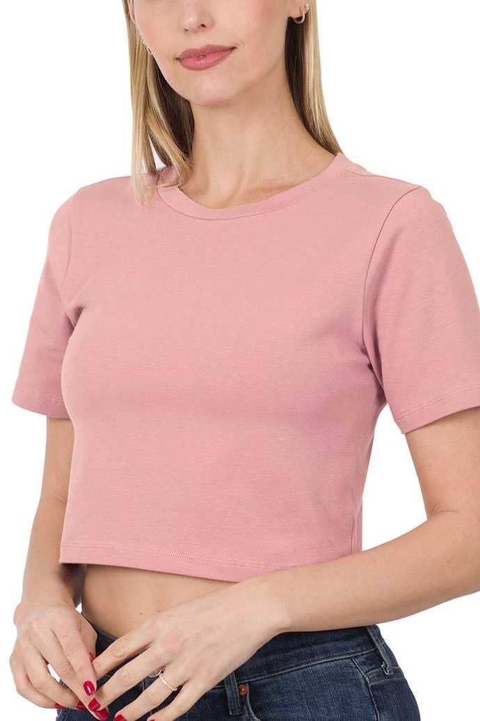 Cotton Short Sleeve Round Neck Cropped Top, Light Rose