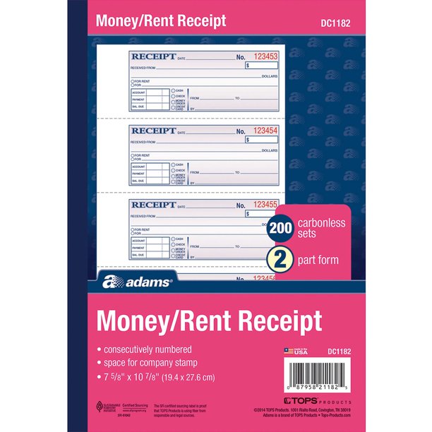 Adams Money/ Rent Receipt Book, 2-Part, Carbonless, 4 per Page, 200 Set