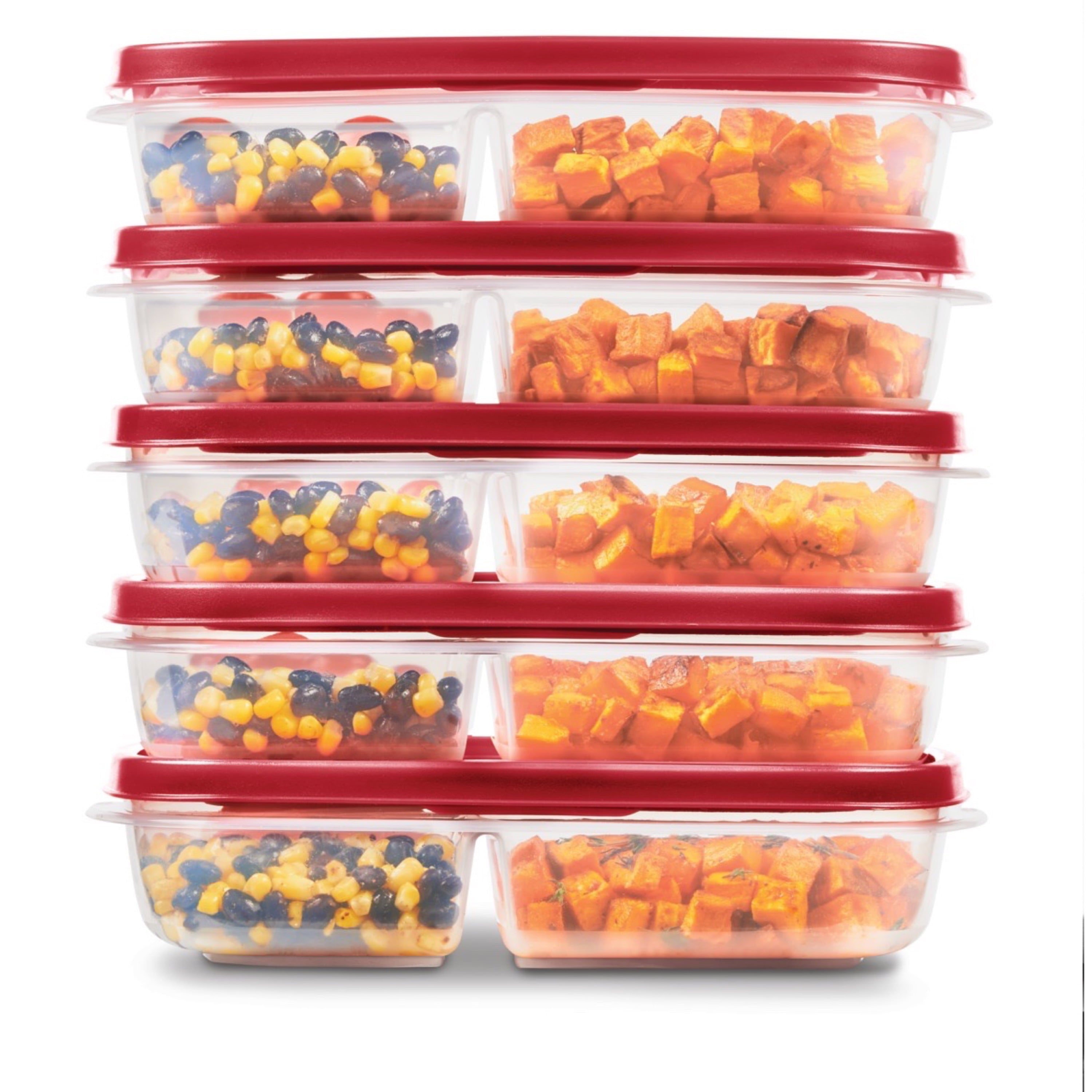 Rubbermaid Easy Find Lids 5 Pack Meal Prep Containers with 3 Compartments, Red, 5.1 Cups