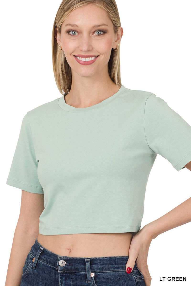 Cotton Short Sleeve Round Neck Cropped Top, Light Green