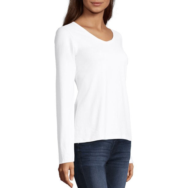 Hanes Womens Long Sleeve V-Neck Tee, White, Medium
