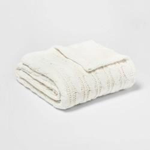 Solid Cable Knit Chenille with Sherpa Reverse Throw Blanket Cream - Bedding