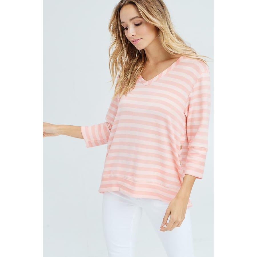 Women's 3/4 Sleeve V-Neck Button Detail Top - Keuka Outlet