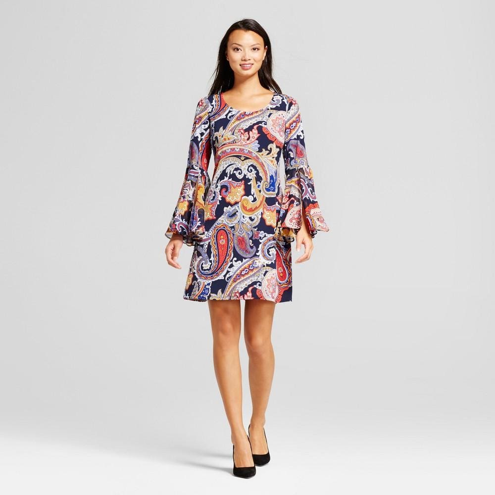 Women's Paisley Shift Dress with Woven Trumpet Sleeve - Keuka Outlet